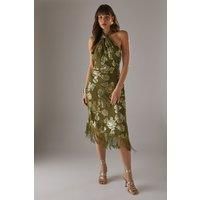 Metallic Chiffon Fringe Hem Halter Wrap Front Midi Dress