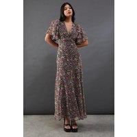 Warehouse Womens Maxi Dress Pink Daisy Floral Print V-Neck Chiffon