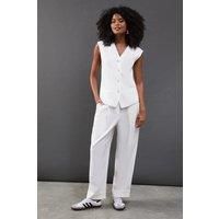 Warehouse Womens Trousers Ivory Wide Leg High Waisted Turn Up Hem Comfort