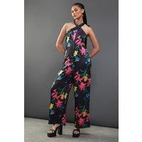 Warehouse Womens Jumpsuit Black Chic Satin Halterneck Wide-Leg Elegant Outfit