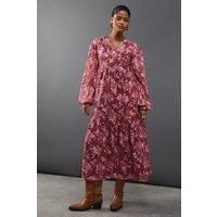 Warehouse Womens Wrap Dress Pink Floral Chiffon V-Neck Long Sleeve Midi
