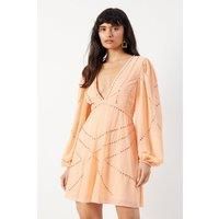 Warehouse Womens Mini Dress Pink V-Neck Chiffon Embellished Bishop Sleeves