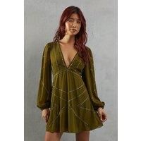 Warehouse Womens Mini Dress Olive V-Neck Chiffon Embellished Bishop Sleeves