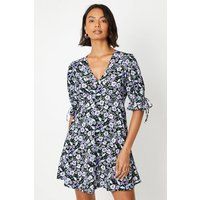 Womens Blue Ditsy Empire Tie Sleeve Mini Dress