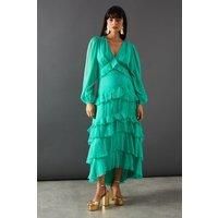 Warehouse Womens Midi Dress Green Chiffon Ruffle Short Sleeve Elegant