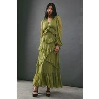 Warehouse Womens Maxi Dress Olive Chiffon Plunge Neck Ruffle Detail