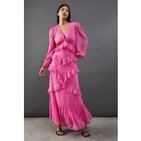 Warehouse Womens Maxi Dress Pink Chiffon Plunge Neck Ruffle Detail