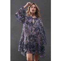 Warehouse Womens Mini Dress Navy Chiffon Paisley Ruffle Smock Long Sleeve