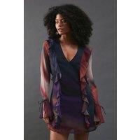 Warehouse Womens Mini Dress Multi Chiffon V-Neck Ruffle Detail