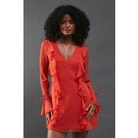 Warehouse Womens Mini Dress Red Long Sleeve Chiffon Ruffle Detail