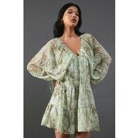 Warehouse Womens Mini Dress Lime Sequin Snake Embellished V-Neck Long Sleeve