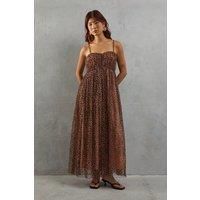 Warehouse Womens Maxi Dress Neutral Tulle Animal Print Sweetheart Neckline