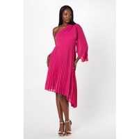 Coast Womens Midi Dress Magenta One Shoulder Pleated Waist Asymmetric Hem