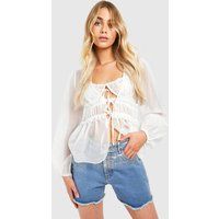 Womens Textured Tie Volume Sleeve Blouse