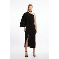 Compact Stretch Viscose Drape Sleeve One Shoulder Tailored Maxi Dress