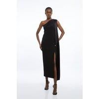Viscose Satin Back Crepe Tailored One Shoulder Cape Maxi Dress