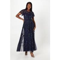 Coast Womens Midi Dress Navy Sequin Hand Stitch Boat Neck Flutter Sleeve