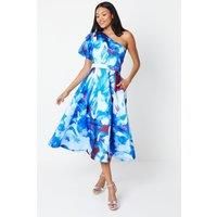 Coast Womens Fit And Flare Dress Blush One Shoulder Puff Sleeve Midi