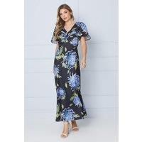Occasion Floral Satin Twist Angel Sleeve Midi Dress
