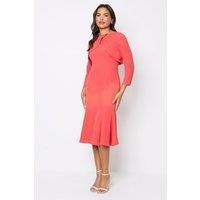 Coast Womens Fit Flare Dress Red Crew Neck Long Sleeve Midi Crepe