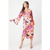 Coast Womens A-Line Dress Pink Floral Satin Wrap Midi Flare Sleeves