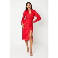 Coast Womens Shirt Dress Red Satin Wrap Front V-Neck Long Sleeve Midi
