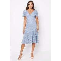 Coast Womens Lace Midi Dress Blue Floral V-Neck Puff Sleeve High Low Hem