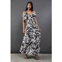 Warehouse Womens Midi Dress Mono Floral Chiffon V-Neck Sleeveless