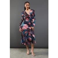 Warehouse Womens Maxi Dress Floral Plunge Neck Gathered Sleeve Floral Floral
