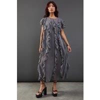 Warehouse Womens Midi Dress Grey Chiffon Sleeveless Ruffle Tendril Design