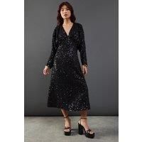 Warehouse Womens Midi Dress Black Sequin Crinkle Batwing Plunge Neck