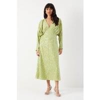 Warehouse Womens Midi Dress Lime Sequin Crinkle Batwing Plunge Neck