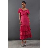 Warehouse Womens Slip Dress Berry Short Sleeve Midi Ruffle Lace Elegant