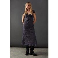 Warehouse Womens Midi Dress Charcoal Floral V-Neck Cap Sleeve Lace Tea Dress