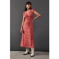 Warehouse Womens Midi Dress Rose Floral V-Neck Cap Sleeve Lace Tea Dress