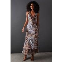 Animal Satin Wrap Chiffon Frill Detail Midi Dress