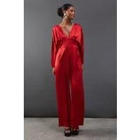 Warehouse Womens Jumpsuit Red Wide Leg Satin Batwing Sleeves V-Neck