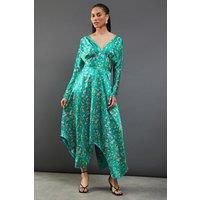 Warehouse Womens Midi Dress Green Floral Satin V-Neck Batwing Sleeves