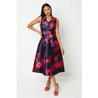 Printed Notch Neck Belted Twill Midi
