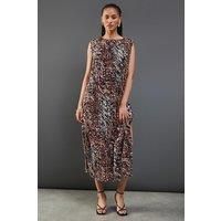 Warehouse Womens Midi Dress Animal Printed Plisse Sleeveless Shoulder Pads