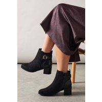 Wallis Womens Ankle Boots Wide Fit Apple Buckle Mid Heel Black Booties