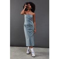 Warehouse Womens Midi Dress Check Hook Eye Fitted Bandeau Blue Sleeveless