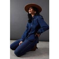 Warehouse Womens Blouse Blue Denim Studded Yoke Collared Casual Top