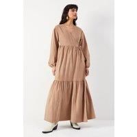 Warehouse Womens Wrap Dress Taupe Cotton V-Neck Balloon Sleeve Midi Casual