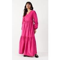 Warehouse Womens Wrap Dress Pink Cotton V-Neck Balloon Sleeve Midi Casual
