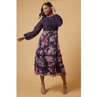 Oasis Womens Fit Flare Dress Berry Floral Lace Bodice Balloon Sleeves Midi