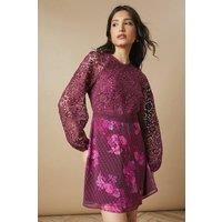 Oasis Womens Mini Dress Berry Floral Lace Bodice Bishop Sleeves Short