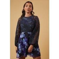 Oasis Womens Mini Dress Navy Floral Print Fitted Waistband Sheer Long Sleeves