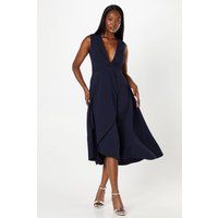 Coast Womens Midi Dress Navy V-Neck Sleeveless Fit Flare Twist Front