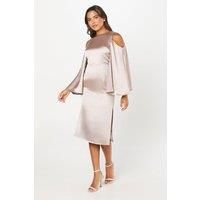 Cape Back Satin Midi Wedding Guest Dress